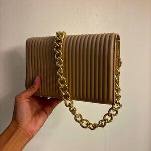 Elegant Tan Quilted Bag with Gold Chain